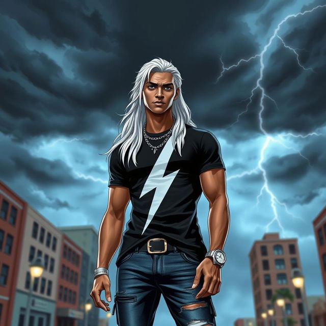 A gender-swapped version of Storm from X-Men, represented as a male character with striking features