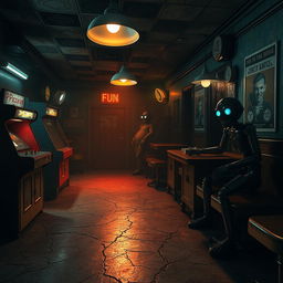 A spooky, dimly lit pizzeria setting inspired by a horror game, featuring animatronic characters lurking in the shadows