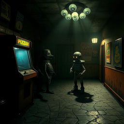 A spooky, dimly lit pizzeria setting inspired by a horror game, featuring animatronic characters lurking in the shadows