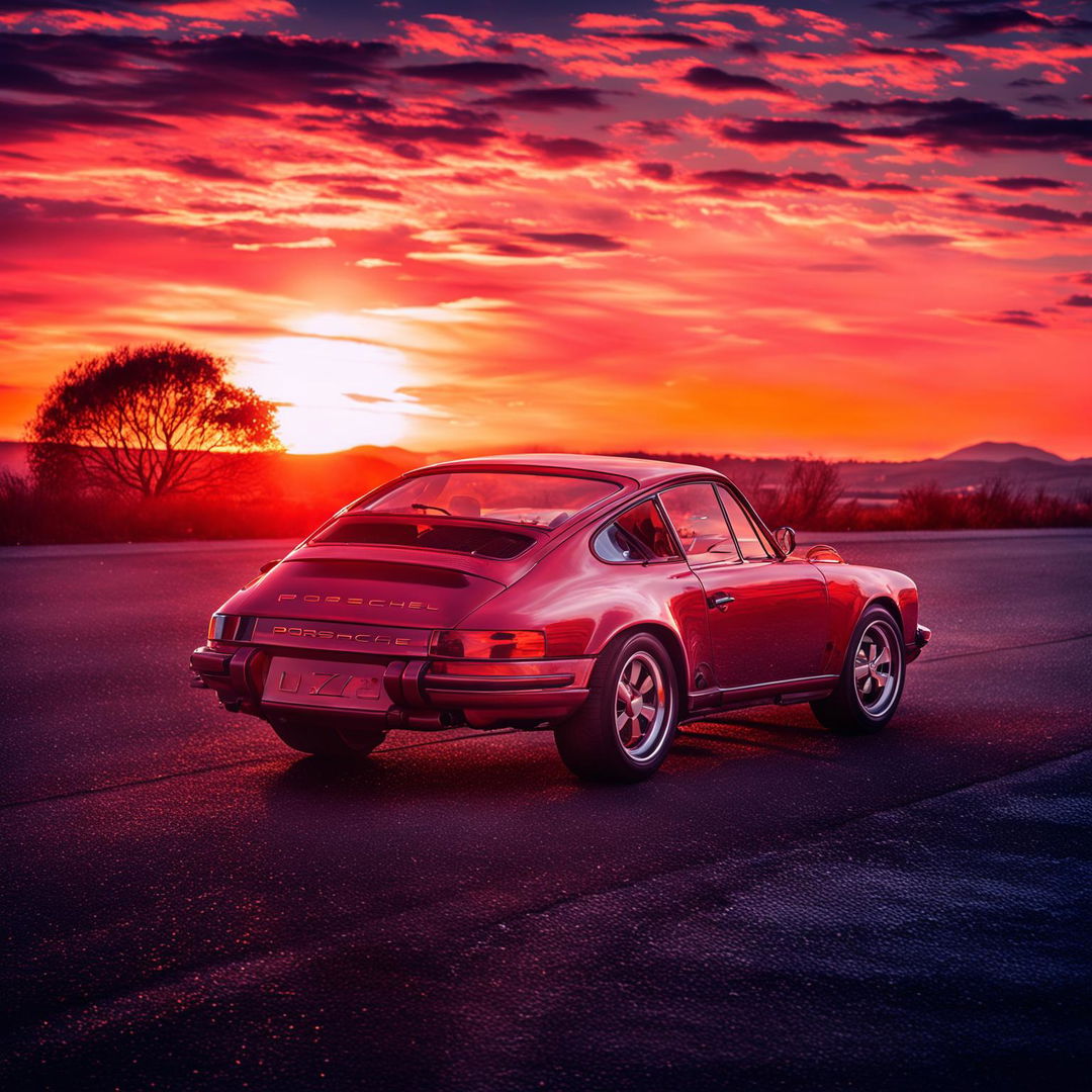 A high-quality digital art image of a red Porsche 911 parked against a stunning sunset