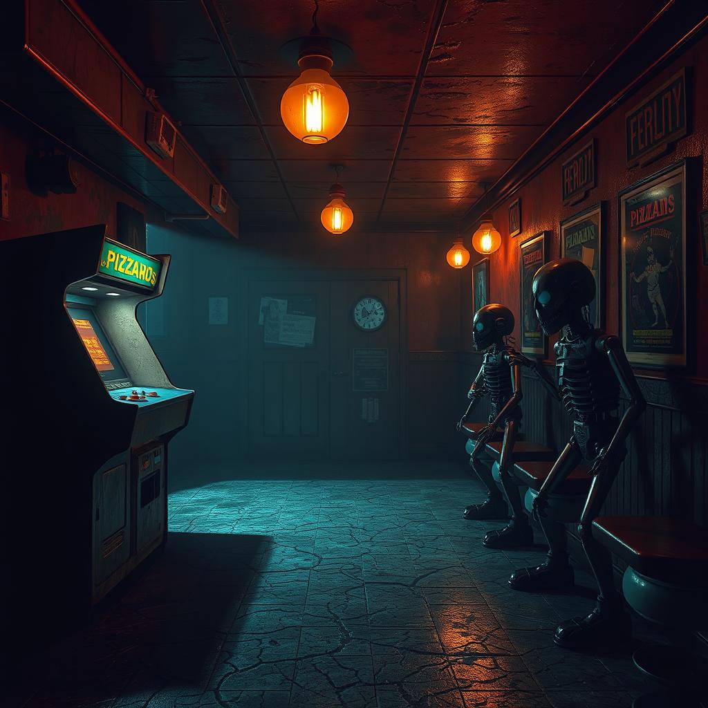A spooky, dimly lit pizzeria setting inspired by a horror game, featuring animatronic characters lurking in the shadows