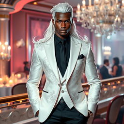 A gender-swapped version of Storm from X-Men, depicted as a male character attending the Hellfire Gala in striking formal attire