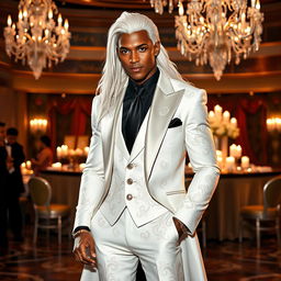 A gender-swapped version of Storm from X-Men, depicted as a male character attending the Hellfire Gala in striking formal attire
