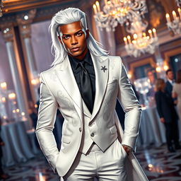 A gender-swapped version of Storm from X-Men, depicted as a male character attending the Hellfire Gala in striking formal attire