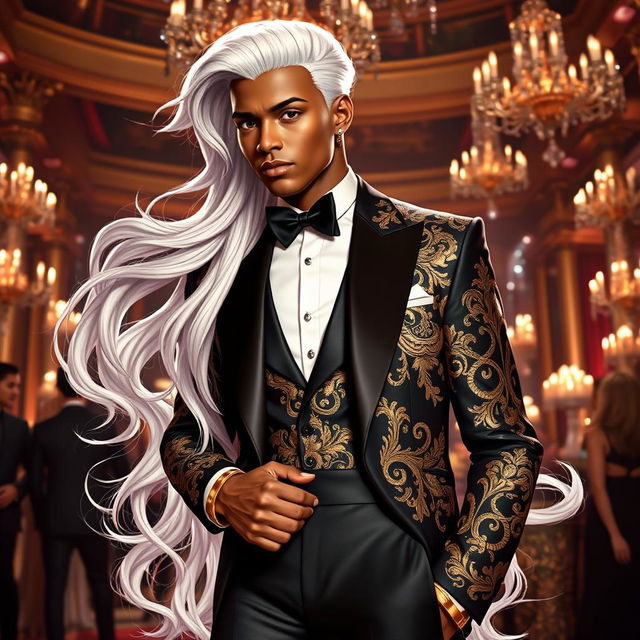 A gender-swapped version of Storm from X-Men, portrayed as a male character attending the Hellfire Gala in stunning formal attire