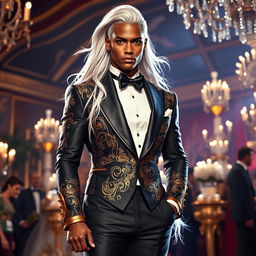 A gender-swapped version of Storm from X-Men, portrayed as a male character attending the Hellfire Gala in stunning formal attire