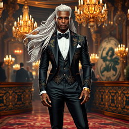 A gender-swapped version of Storm from X-Men, portrayed as a male character attending the Hellfire Gala in stunning formal attire