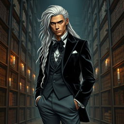 A gender-swapped version of Storm from X-Men, depicted as a male character embracing dark academia fashion