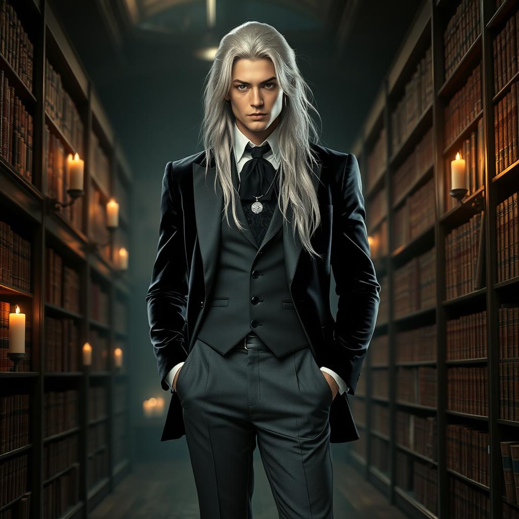 A gender-swapped version of Storm from X-Men, depicted as a male character embracing dark academia fashion