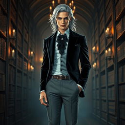 A gender-swapped version of Storm from X-Men, depicted as a male character embracing dark academia fashion