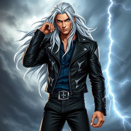A gender-swapped version of Storm from X-Men, envisioned as a striking male character with long, flowing silver hair, embodying a powerful and regal presence