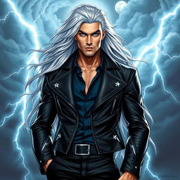 A gender-swapped version of Storm from X-Men, envisioned as a striking male character with long, flowing silver hair, embodying a powerful and regal presence