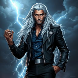 A gender-swapped version of Storm from X-Men, envisioned as a striking male character with long, flowing silver hair, embodying a powerful and regal presence