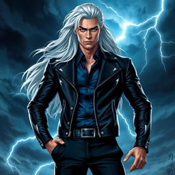 A gender-swapped version of Storm from X-Men, envisioned as a striking male character with long, flowing silver hair, embodying a powerful and regal presence