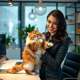 A young sexy Spanish secretary with dark hair, wearing a stylish yet enticing business outfit, is playfully interacting with a fluffy cat in a modern office setting