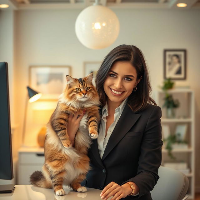 A young sexy Spanish secretary with dark hair, wearing a stylish yet enticing business outfit, is playfully interacting with a fluffy cat in a modern office setting