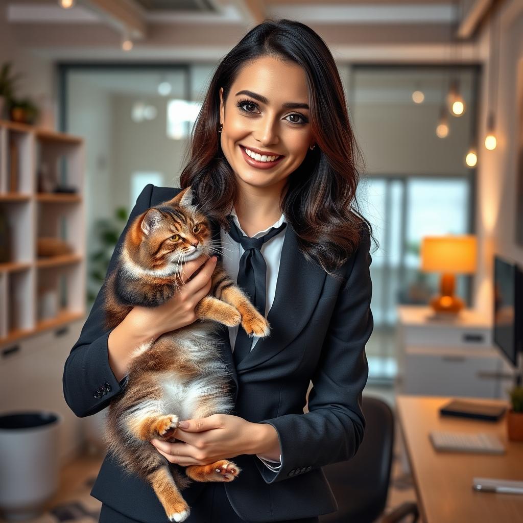 A young sexy Spanish secretary with dark hair, wearing a stylish yet enticing business outfit, is playfully interacting with a fluffy cat in a modern office setting
