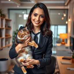 A young sexy Spanish secretary with dark hair, wearing a stylish yet enticing business outfit, is playfully interacting with a fluffy cat in a modern office setting