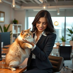 A young sexy Spanish secretary with dark hair, wearing a stylish yet enticing business outfit, is playfully interacting with a fluffy cat in a modern office setting
