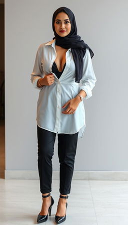A stunning real model representing a busty European teacher in her 40s with fair white skin