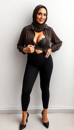 A stunning real model representing a busty European teacher in her 40s with fair white skin