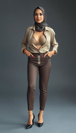 A captivating real model depicting a busty European teacher in her 40s with fair white skin, confidently standing in high shine black heels