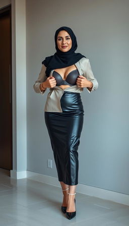 An elegant real model portraying a busty European teacher in her 40s with fair white skin