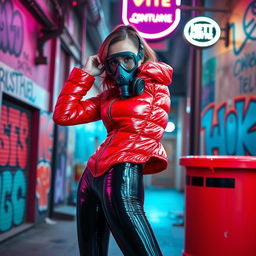A hot slim girl with big boobs confidently posing in a shiny red tight puffer jacket that hugs her shape, paired with eye-catching black latex leggings that emphasize her curves