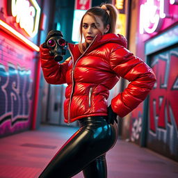 A hot slim girl with big boobs confidently posing in a shiny red tight puffer jacket that hugs her shape, paired with eye-catching black latex leggings that emphasize her curves