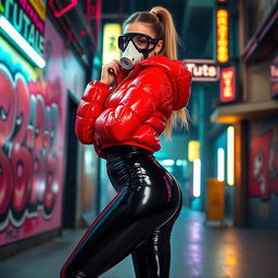 A hot slim girl with big boobs confidently posing in a shiny red tight puffer jacket that hugs her shape, paired with eye-catching black latex leggings that emphasize her curves