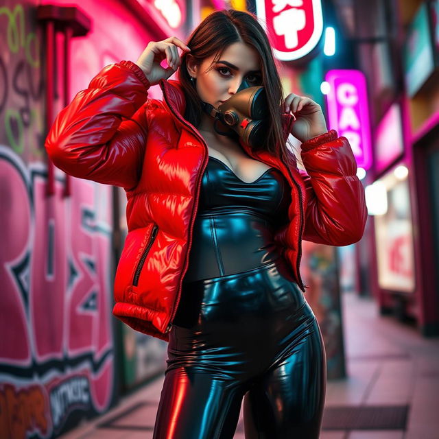 A hot slim girl with big boobs confidently posing in a shiny red tight puffer jacket that hugs her shape, paired with eye-catching black latex leggings that emphasize her curves