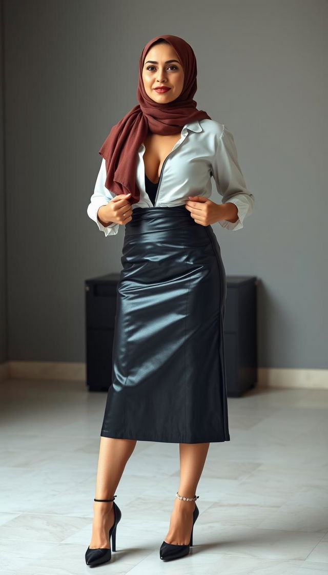 A captivating real model representing a busty European teacher in her 40s with fair white skin