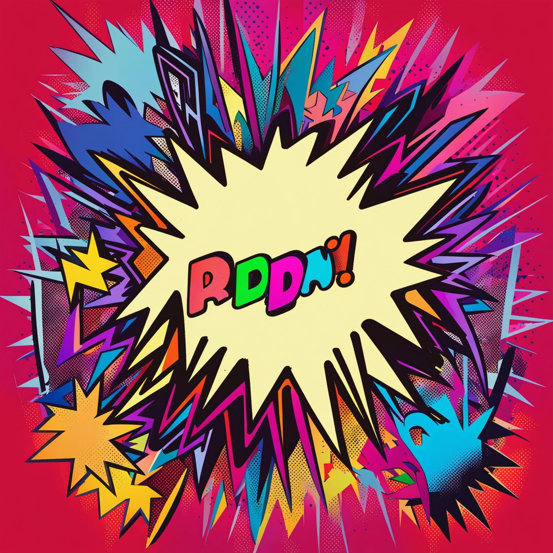 A vibrant, digital art piece featuring a large word bubble filled with onomatopoeic words and comic book-style characters interacting with the sounds