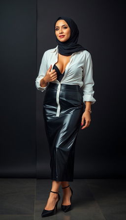 A striking real model representing a busty European teacher in her 40s with smooth white skin