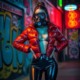 A hot slim girl with big boobs confidently showcasing her figure in a shiny red tight puffer jacket that glistens with light, paired with sleek black latex leggings that hug her curves perfectly