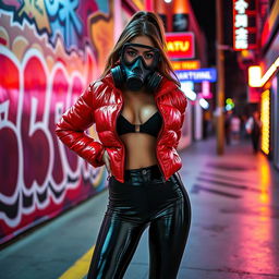 A hot slim girl with big boobs confidently showcasing her figure in a shiny red tight puffer jacket that glistens with light, paired with sleek black latex leggings that hug her curves perfectly