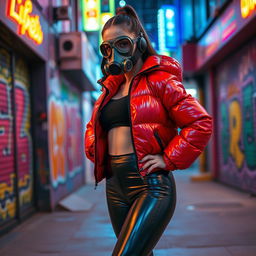 A hot slim girl with big boobs confidently showcasing her figure in a shiny red tight puffer jacket that glistens with light, paired with sleek black latex leggings that hug her curves perfectly