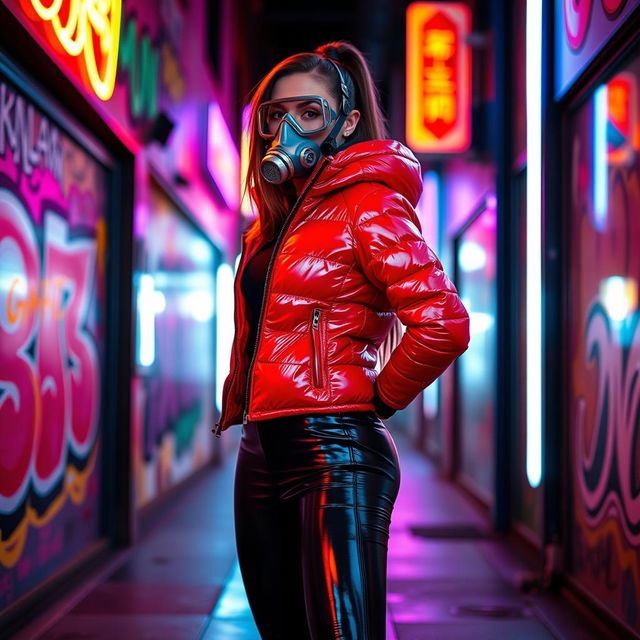 A hot slim girl with big boobs confidently showcasing her figure in a shiny red tight puffer jacket that glistens with light, paired with sleek black latex leggings that hug her curves perfectly