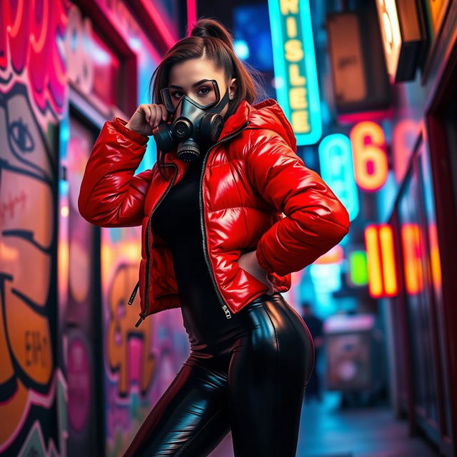 A hot slim girl with big boobs striking a confident pose in a shiny red tight puffer jacket that accentuates her figure