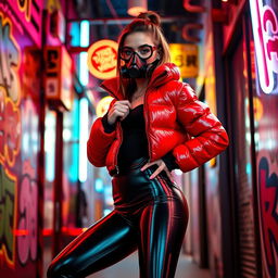 A hot slim girl with big boobs striking a confident pose in a shiny red tight puffer jacket that accentuates her figure