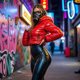 A hot slim girl with big boobs striking a confident pose in a shiny red tight puffer jacket that accentuates her figure