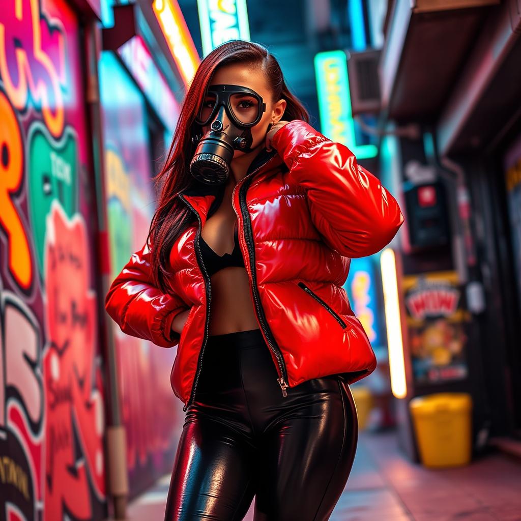 A hot slim girl with big boobs striking a confident pose in a shiny red tight puffer jacket that accentuates her figure