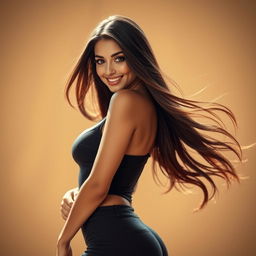 A beautiful and sexy girl with long flowing hair, wearing a form-fitting, stylish outfit that accentuates her curves
