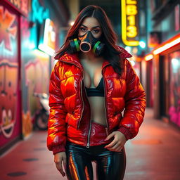 A hot slim girl with big boobs exuding confidence in a shiny red tight puffer jacket that clings to her curves, complemented by form-fitting black latex leggings that highlight her physique