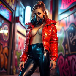 A hot slim girl with big boobs exuding confidence in a shiny red tight puffer jacket that clings to her curves, complemented by form-fitting black latex leggings that highlight her physique