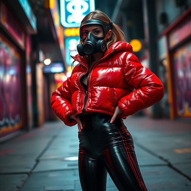 A hot slim girl with big boobs exuding confidence in a shiny red tight puffer jacket that clings to her curves, complemented by form-fitting black latex leggings that highlight her physique