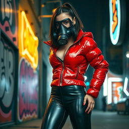 A hot slim girl with big boobs exuding confidence in a shiny red tight puffer jacket that clings to her curves, complemented by form-fitting black latex leggings that highlight her physique