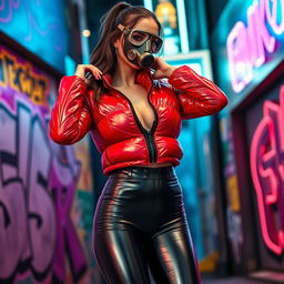 A hot slim girl with big boobs showcasing a confident and stylish demeanor, dressed in a shiny red tight puffer jacket that hugs her figure perfectly