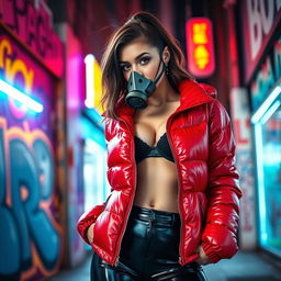 A hot slim girl with big boobs showcasing a confident and stylish demeanor, dressed in a shiny red tight puffer jacket that hugs her figure perfectly