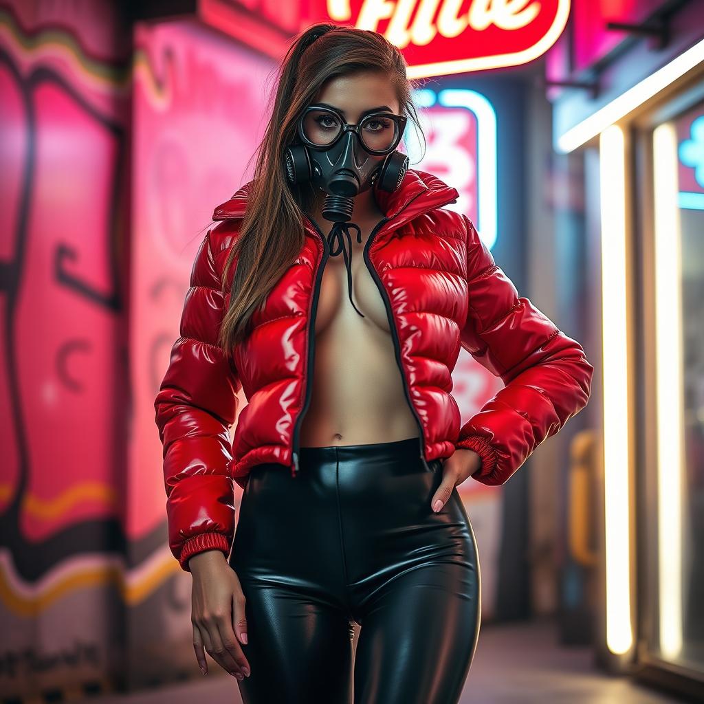 A hot slim girl with big boobs showcasing a confident and stylish demeanor, dressed in a shiny red tight puffer jacket that hugs her figure perfectly